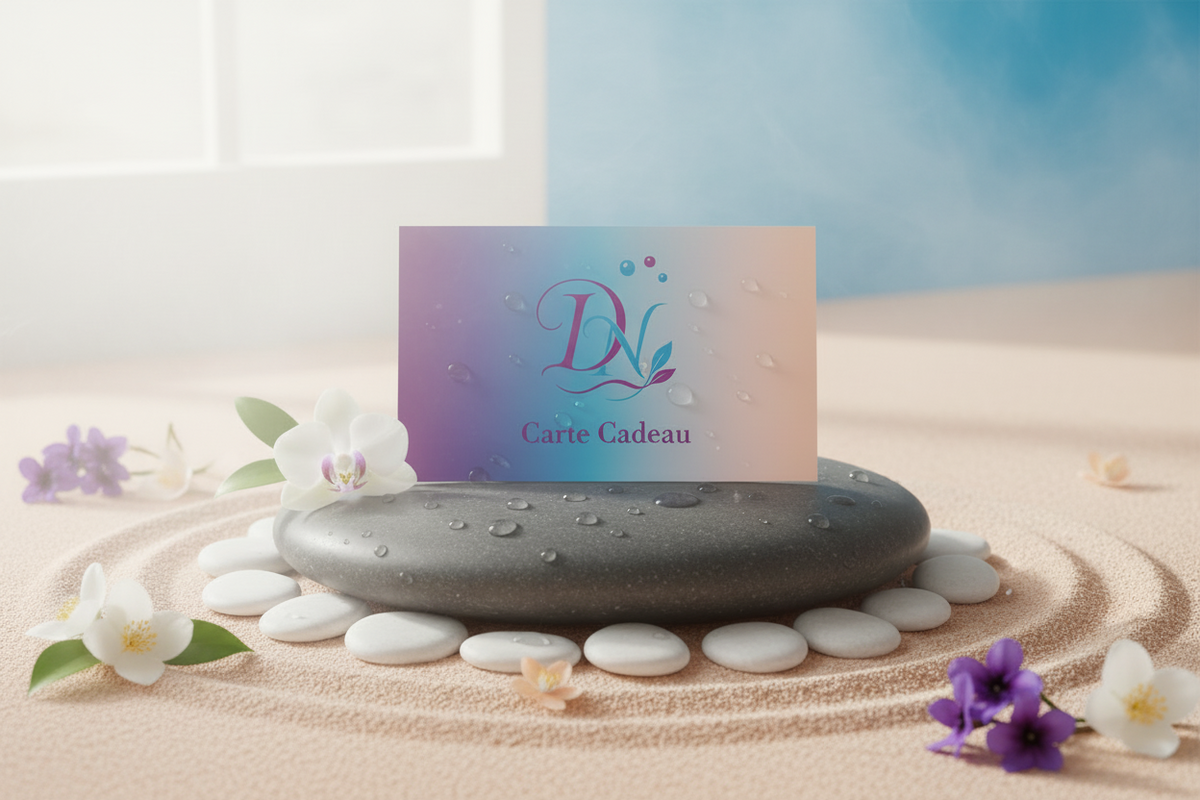 carte cadeau Dhyana Nature représentée sur un galet dans une ambiance zen avec quelques fleurs