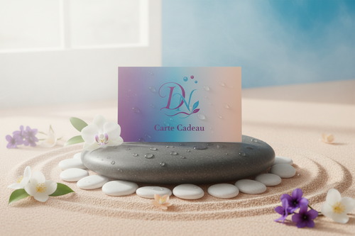 carte cadeau Dhyana Nature représentée sur un galet dans une ambiance zen avec quelques fleurs
