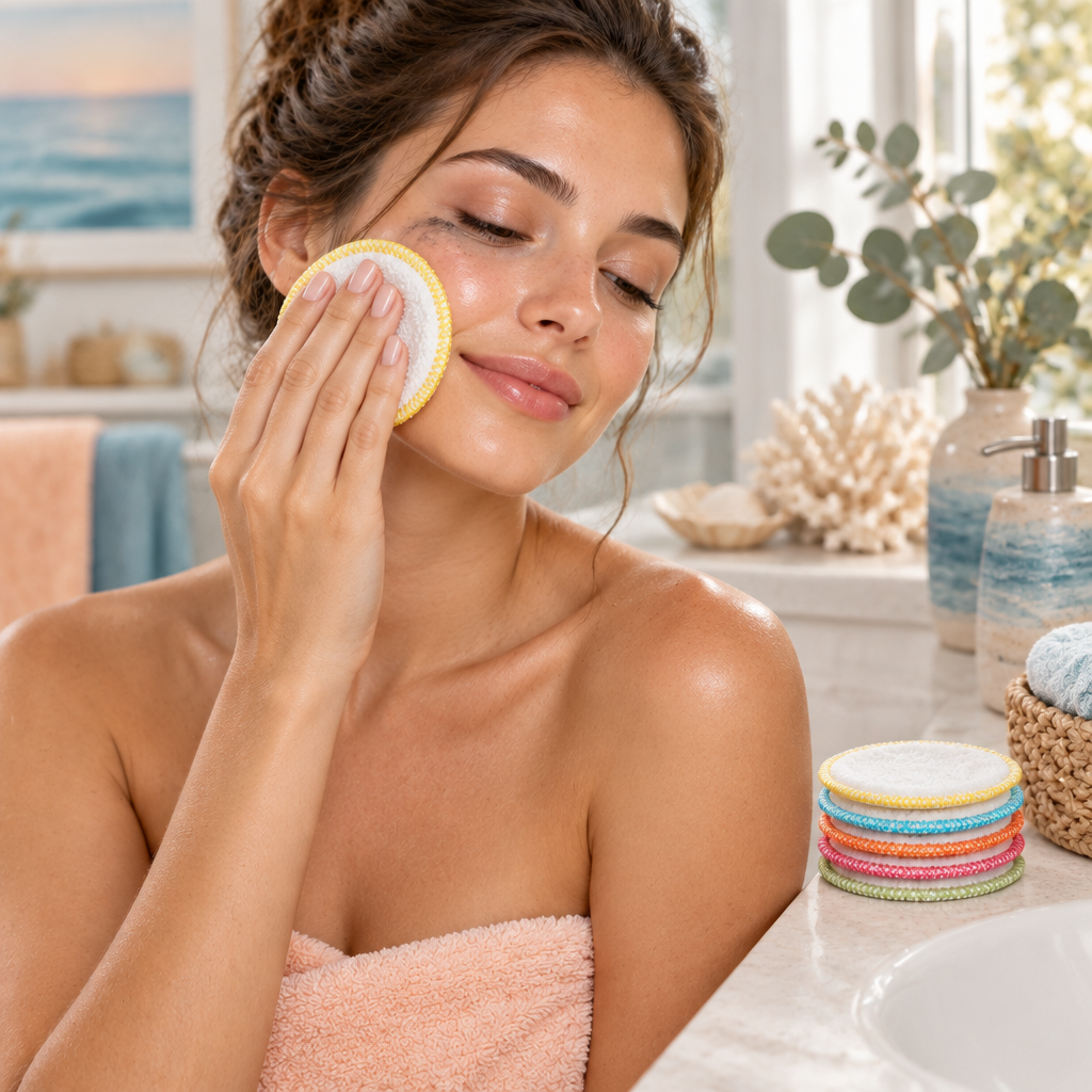 Femme se démaquillant avec un disque lavable Dhyana Nature