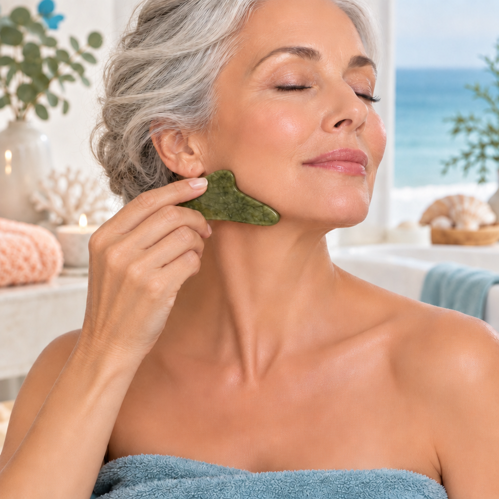 femme massant son visage avec le gua sha 