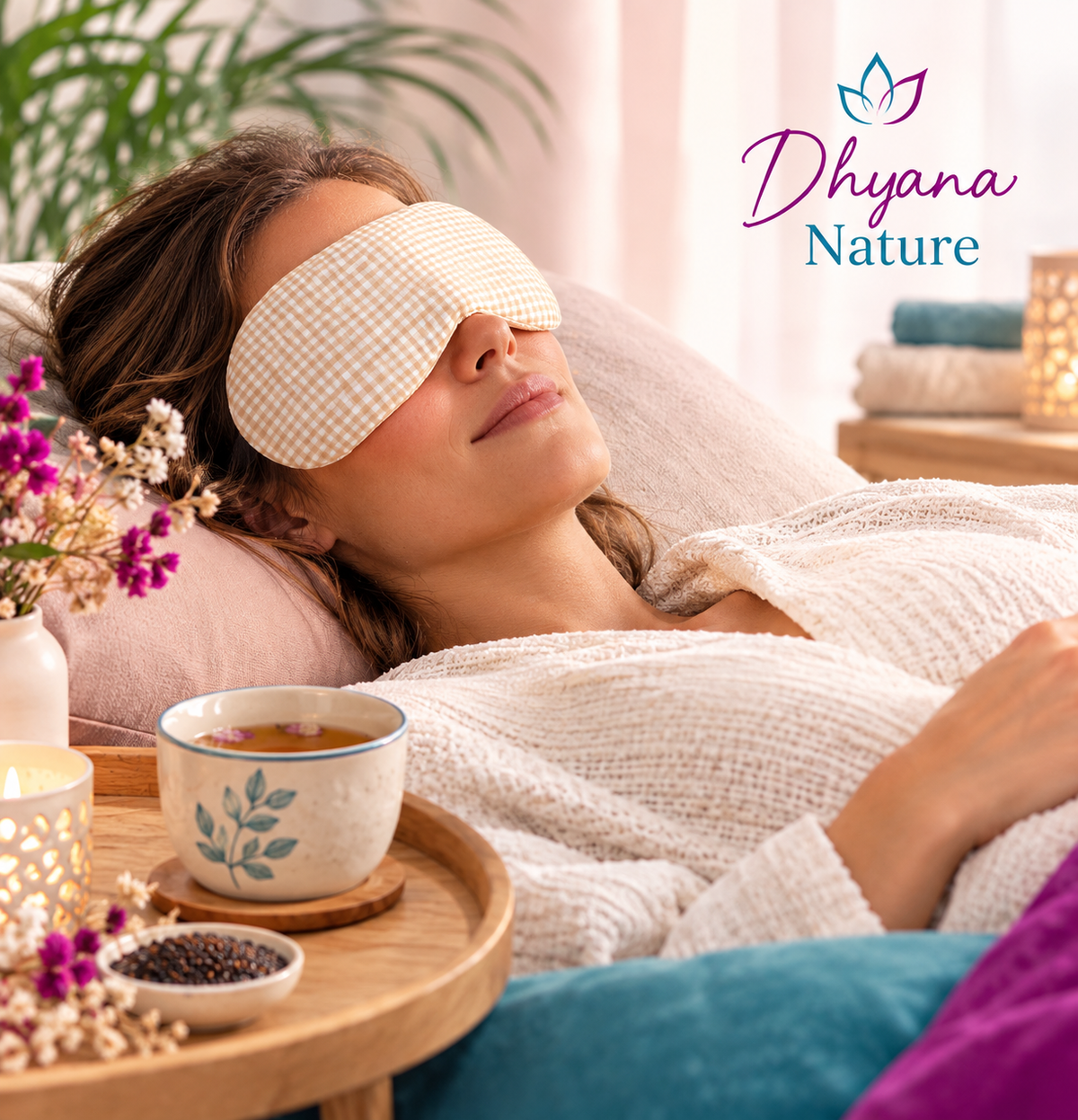 femme allongée, détendue, dans une ambiance relaxante avec le masque sur les yeux, un thé sur une petite table